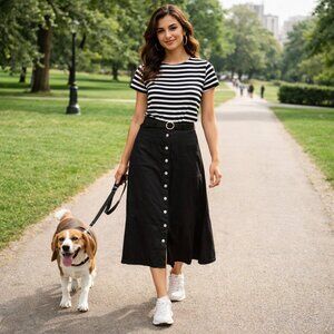 Laura 10 Linen Black Button Front Belted Midi Skirt Safari Style